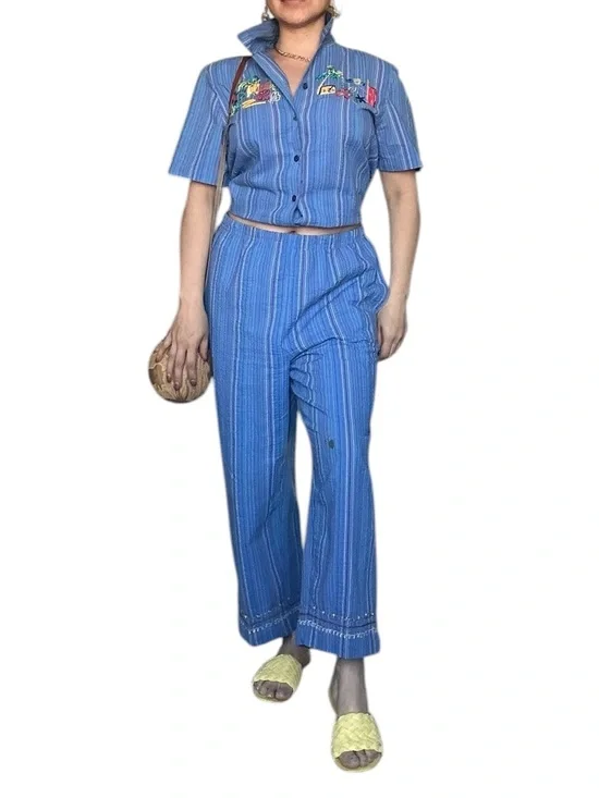 Blue Striped Embroidered Two-Piece Set - Picture 2 of 7